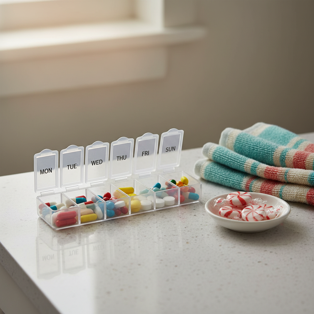 A clean, modern bathroom counter scene rendered in photographic realism, centered on a transparent weekly pill organizer filled with colorful tablets and capsules, each compartment labeled clearly for the days of the week. Next to it sits a folded, cheerful striped hand towel in shades of teal, coral, and white, and a small ceramic dish holding a few bright peppermint candies. The counter is a light gray quartz with subtle speckling, and a faint reflection of the items is visible. Warm, indirect overhead lighting and a hint of natural light from an unseen window create soft highlights and minimal shadows. Captured from a slightly elevated angle with sharp focus throughout, the composition feels organized, supportive, and quietly empowering, transforming a clinical routine into a moment of care and intention.