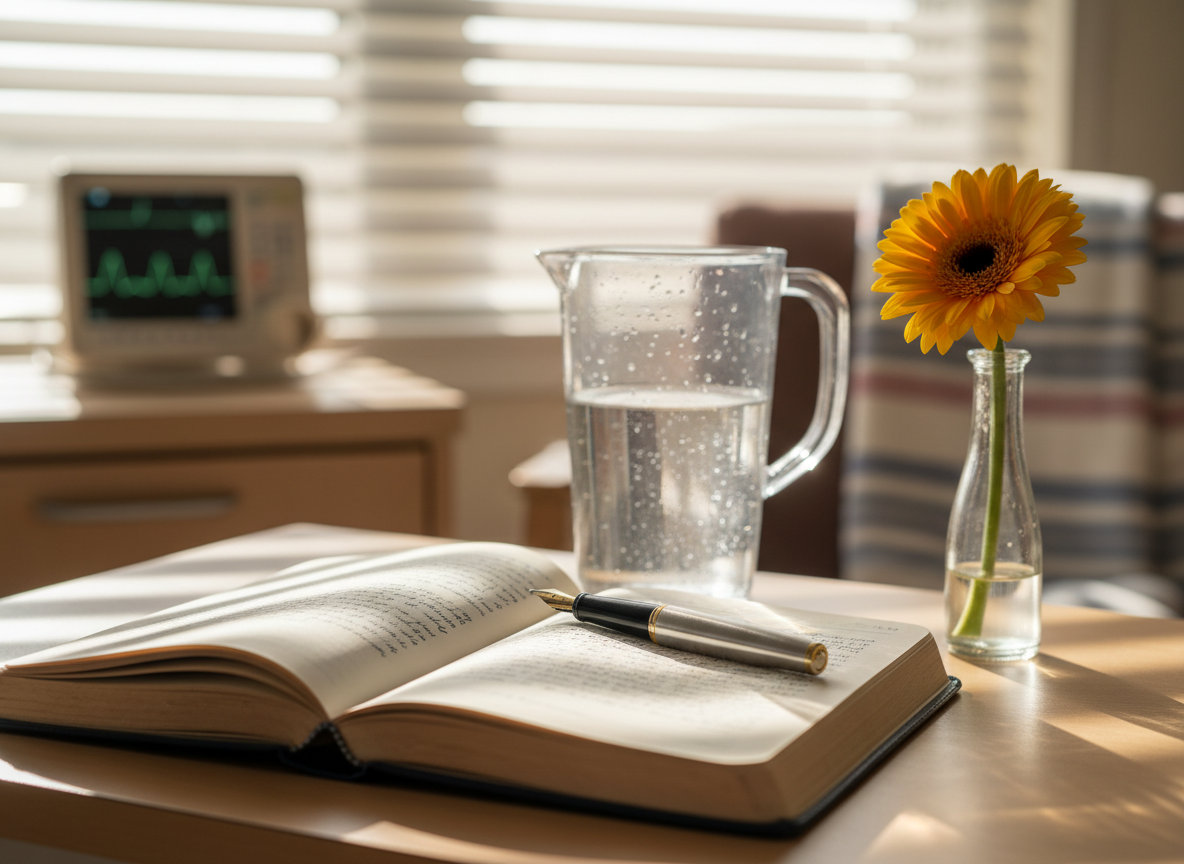 A small, neatly arranged bedside table in a quiet hospital room, captured in photographic realism. The focus is on a worn navy-blue journal open to a half-filled page, a smooth fountain pen resting diagonally across the paper. Beside it sits a clear plastic water pitcher with tiny condensation beads, and a single bright yellow gerbera daisy in a slim glass vase, adding a pop of color. Soft afternoon light filters through partially closed blinds, casting gentle stripes of light and shadow across the scene. The background shows a softly blurred heart monitor and folded blanket, hinting at the medical setting without dominating the frame. Shot at eye level with shallow depth of field, the mood is contemplative, hopeful, and quietly resilient.