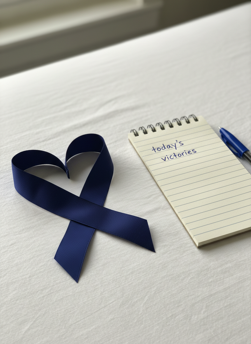 A close-up, photographic image of a sturdy navy-blue ribbon arranged in the shape of a subtle, imperfect heart on a smooth white linen bedsheet. The fabric has a gentle texture, with tiny folds catching the light. Next to the ribbon lies a small, spiral-bound notepad with the words “today’s victories” handwritten at the top of the first page, and a simple blue ballpoint pen resting beside it. Soft, diffused morning light pours in from the left, creating a calm, airy feel and delicate shadows. The composition follows the rule of thirds, with the ribbon-heart slightly off-center, and the background fading into a gentle blur. The atmosphere feels quietly optimistic, reflective, and intimate, suggesting small moments of hope in a cancer journey.